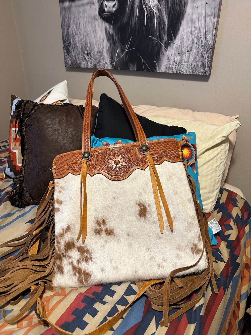 American Darling Tan Leather & White Hair-On Hide Fringe Tote